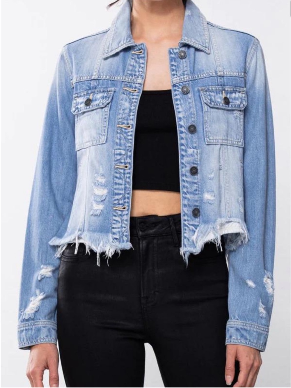 Hidden Jeans Light Blue Distressed Cropped
Denim Jacket